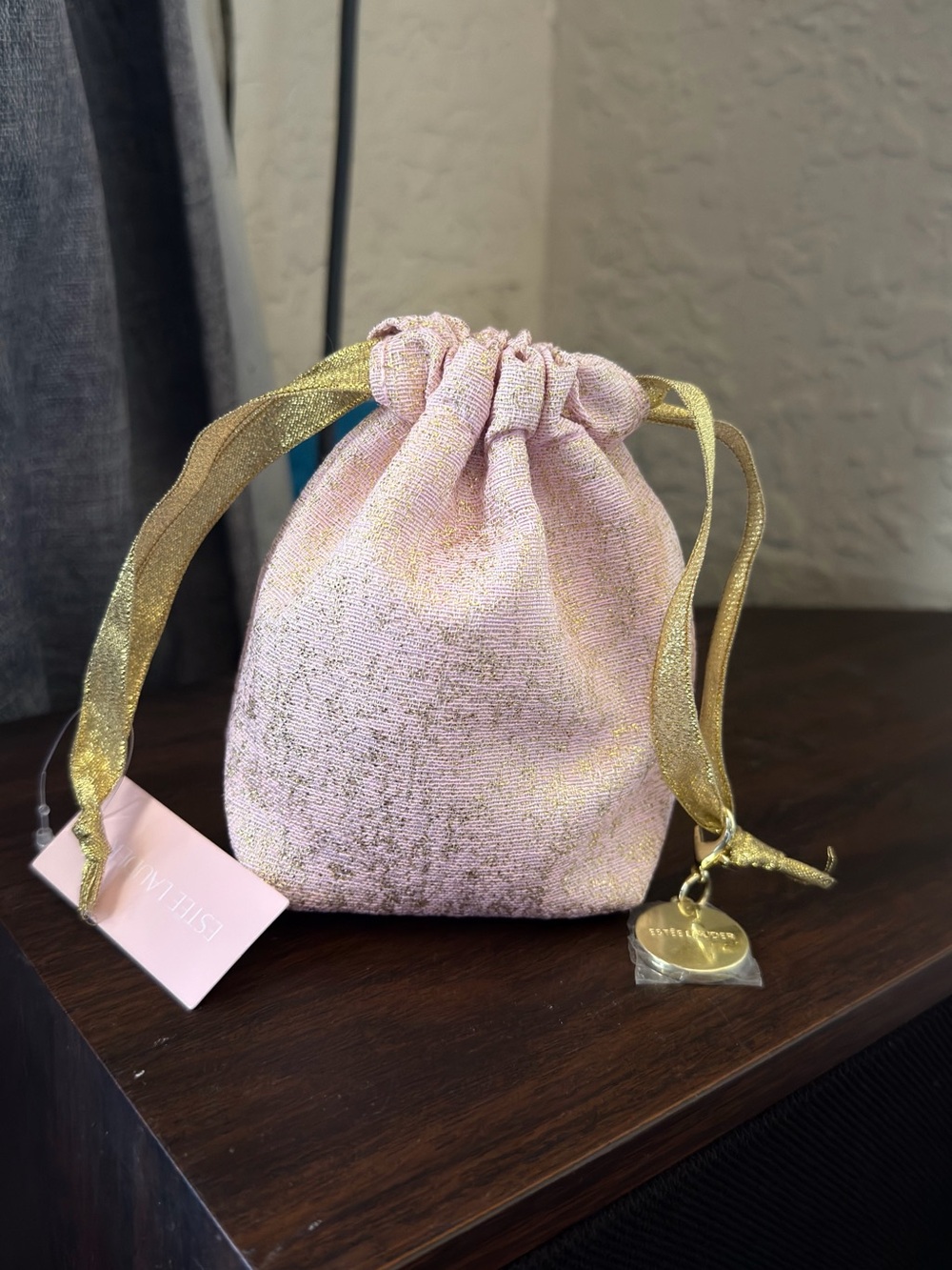 Estee Lauder Pink Drawstring Cosmetic Pouch with Gold Accents